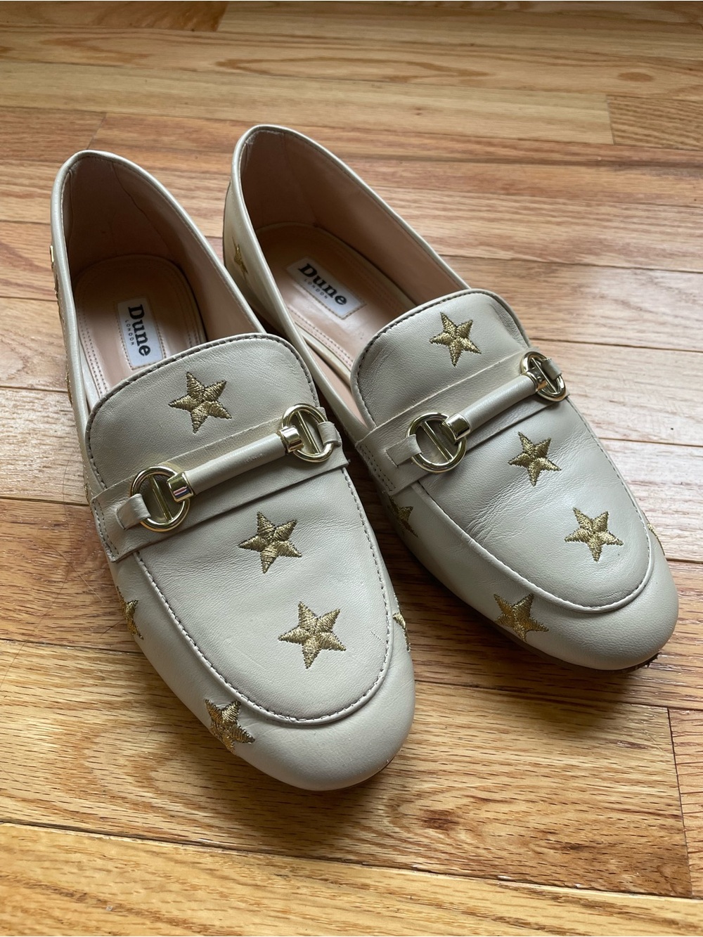 Dune London Cream Leather Loafers with Gold Star Embroidery